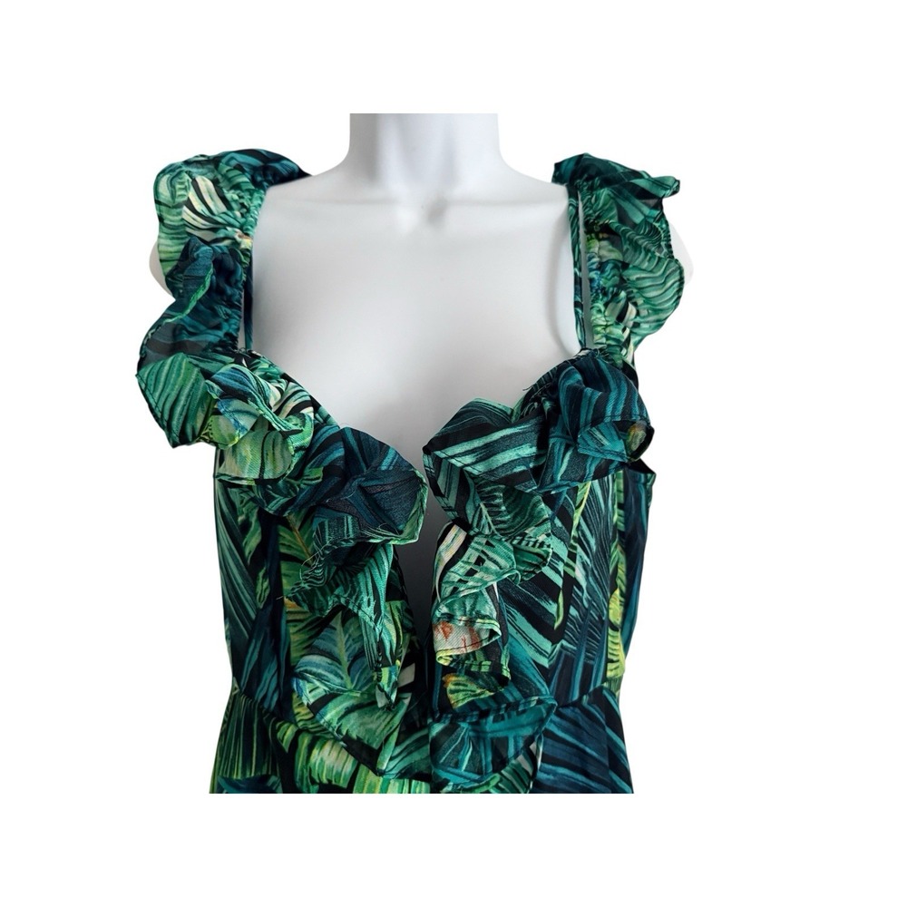 Tropical‎ Palm Leaf Ruffle High Low Dress L Womens Green Resort Beach Vacation - Picture 4 of 12